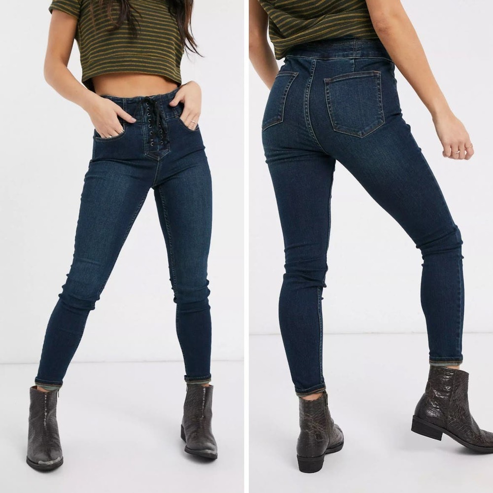 We The Free People Curvy High Waist Skinny Jeans 26 Blue Lace Up Tie Front